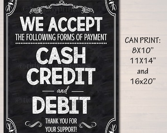 Panneau de carte de crédit : nous acceptons les paiements en espèces, par crédit et par débit (imprimable)