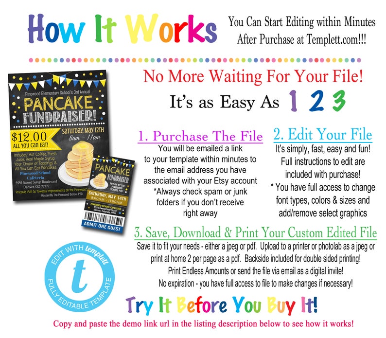 EDITABLE Pancake Breakfast Fundraiser Flyer Ticket Set pto Etsy