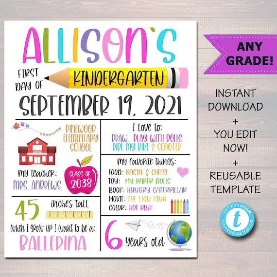 First Day of School Printable Back to School Sign, Girl Child Stats Details Keepsake Photo, Back to School Digital File, EDITABLE TEMPLATE Il_570xn