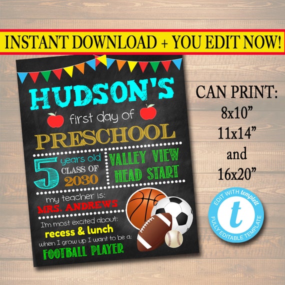 EDITABLE Sports First or Last Day of School Photo Prop, Printable Back to School Chalkboard Sign, Kindergarten, Preschool, Any Grade Poster Il_570xn
