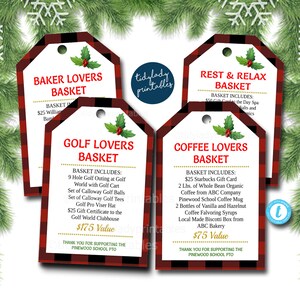 May include: Four red and black buffalo plaid gift tags with holly and berry accents. Each tag features a different themed basket: Baker Lovers, Golf Lovers, Coffee Lovers, and Rest & Relax. The tags list the basket contents and value.