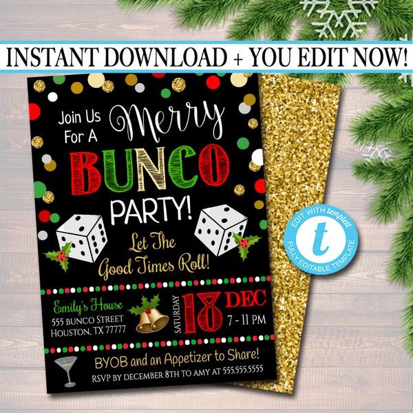 EDITABLE Christmas Bunco Party Invitation, Holiday Merry Bunco Dice Party Invitation, Adult Xmas Cocktail Party, Holiday Printable Invite