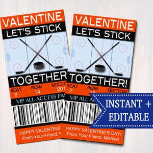 EDITABLE Hockey Ticket Valentine's Day Cards, INSTANT DOWNLOAD Printable Kids Sports Valentine Boy Classroom Valentine, Let's Stick Together