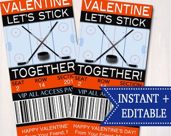 EDITABLE Hockey Ticket Valentine's Day Cards, INSTANT DOWNLOAD Printable Kids Sports Valentine Boy Classroom Valentine, Let's Stick Together