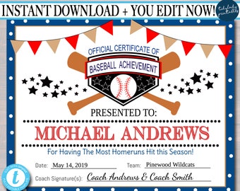 EDITABLE Baseball Award Certificates, INSTANT DOWNLOAD, Team Baseball Awards, Baseball Printable, Sportsmanship Awards, Sports Certificates,