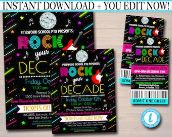 Rock the Decade Dance Flyer Set: Bearbeitbares Schulevent (Digitaler Download)
