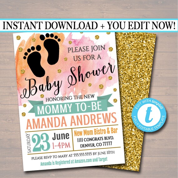 EDITABLE Baby Shower Invitation, Baby Sprinkle Party Invite, Watercolor Boho Chic Gold Glitter, Couples Shower, Brunch Baby INSTANT DOWNLOAD Il_570xn