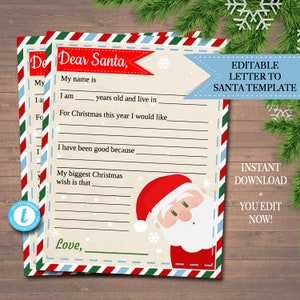 EDITIERBARER Brief an den Weihnachtsmann, Kinder füllen die leere Nordpolvorlage aus, schöne freche Liste, Weihnachtsmann-Kit, Feiertagsausdrucke INSTANT DOWNLOAD
