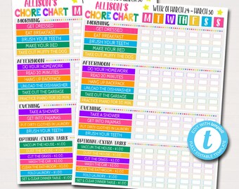Puede incluir: Dos coloridas listas de tareas con el título "Chore Chart de Allison" y un horario semanal. Las listas enumeran tareas diarias como vestirse, desayunar y tareas opcionales con precios. Las listas son totalmente editables.