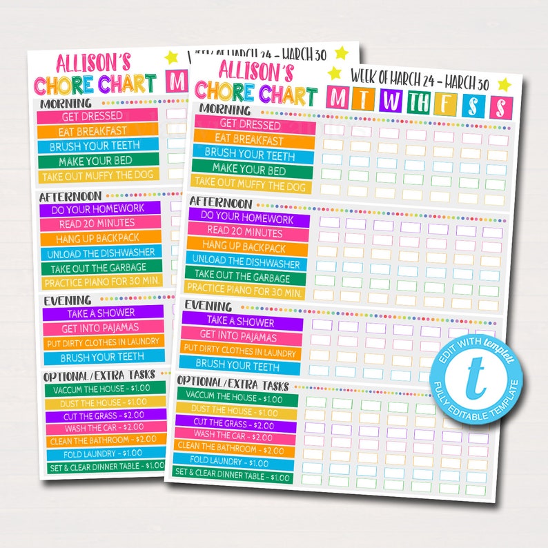 Kids Chore Chart Checklist Daily Weekly Routine Schedule Etsy