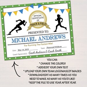 EDITABLE Track & Field Award Certificates, INSTANT DOWNLOAD, Track Awards, Track Party Printable, Printable Award Sports Runner Certificates image 2