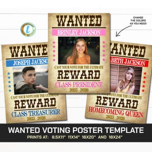 May include: Three "Wanted" style posters with student photos, each with a different coloured banner: blue, pink, and red. The posters are for Class President, Class Treasurer, and Homecoming Queen. The text "Wanted Voting Poster Template" is at the bottom.
