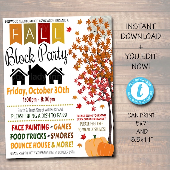 EDITABLE Fall Block Party Festival Harvest Invite Flyer, Printable Halloween Invitation Neighborhood Halloween Party, Church School Festival Il_570xn