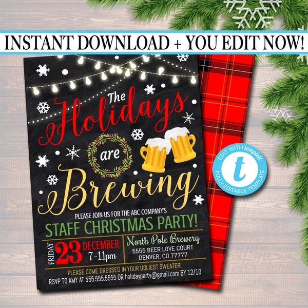 EDITABLE Holiday Brewery Party Invitation, Christmas Invitation, DIY Digital Invite, Xmas Company Party Invitation Flannel Plaid Beer Party