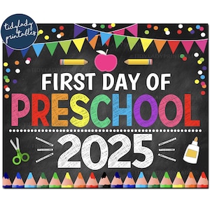 Erster Tag der Vorschule 2025, druckbare Tafel Schild, Regenbogenfarben Mädchen Banner Konfetti digitaler Sofort Download