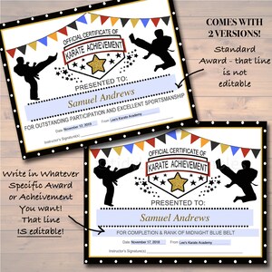 EDITABLE Karate Certificates, INSTANT DOWNLOAD Karate Belt Awards ...