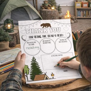 Camp Theme Teacher Appreciation Worksheet: Student All About My Teacher Bear Thank You Coloring Page (Printable)