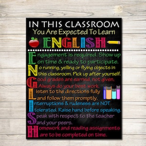 ENGLISH Classroom Poster, English Classroom Decor, Classroom Rules Poster, High School English Teacher, English Teacher Gifts, ELA Teacher image 1