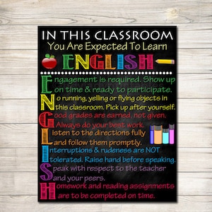 ENGLISH Classroom Poster,  English Classroom Decor, Classroom Rules Poster, High School English Teacher, English Teacher Gifts, ELA Teacher