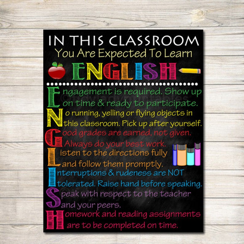 ENGLISH Classroom Poster, English Classroom Decor, Classroom Rules Poster, High School English Teacher, English Teacher Gifts, ELA Teacher image 1