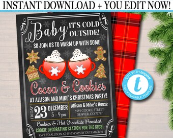 Hot Cocoa & Cookies Christmas Party Invitation: Editable Plaid Design (Digital Download)