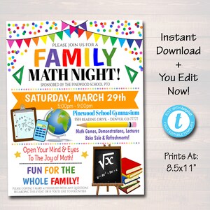 EDITABLE Family Math Night Flyer, School PTA PTO Flyer, Community Church Fundraiser, Math Science Tech Educational Event Poster, Printable
