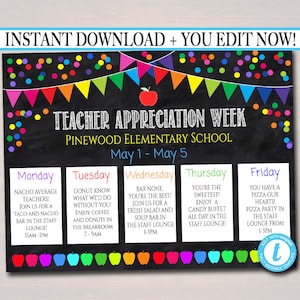 EDITABLE Teacher Appreciation Week Itinerary Poster, Digital File, Appreciation Week Schedule Events, INSTANT DOWNLOAD Fundraiser Printables