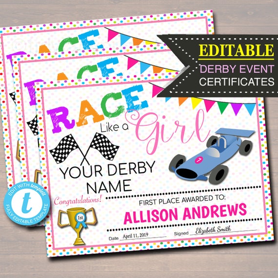 EDITABLE Derby Award Certificates INSTANT DOWNLOAD Troop Activity, Printable School Activity, Girl Power Race Like a Girl, Powder Puff Derby Il_570xn