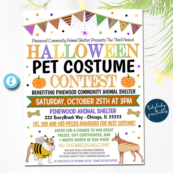 EDITABLE Halloween Pet Costume Contest Flyer, Animal Shelter Rescue Community Nonprofit Halloween Benefit Event, Halloween Party, PRINTABLE