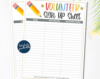 Teacher Volunteer Printable, School Pto Pta Sign up Sheet, Volunteer Back to School Printable, Classroom Help Events, INSTANT DOWNLOAD