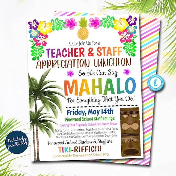 EDITABLE Mahalo Teacher Appreciation Staff Invitation, Hawaiian Luau