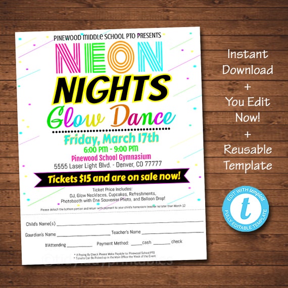 EDITABLE Glow Dance Set School Dance Take Home Sheet, Church Community Event, Neon Nights High School Dance, pto pta, INSTANT DOWNLOAD Il_570xn