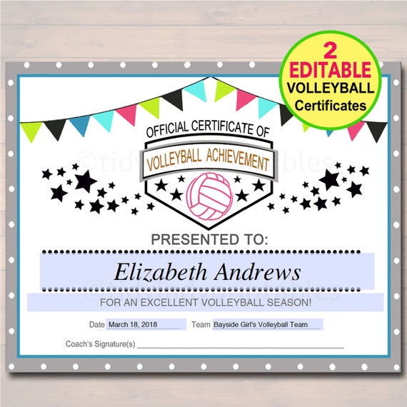 editable volleyball certificates instant download volleyball etsy volleyball certificate