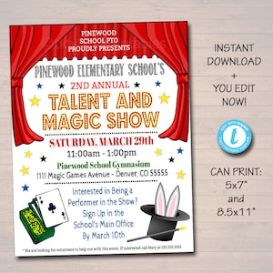 EDITABLE Talent Show Flyer, Printable PTA PTO Flyer, School Church Benefit Fundraiser Event Poster, Digital Magic Party Printable Invitation