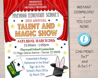 EDITABLE Talent Show Flyer, Printable PTA PTO Flyer, School Church Benefit Fundraiser Event Poster, Digital Magic Party Printable Invitation