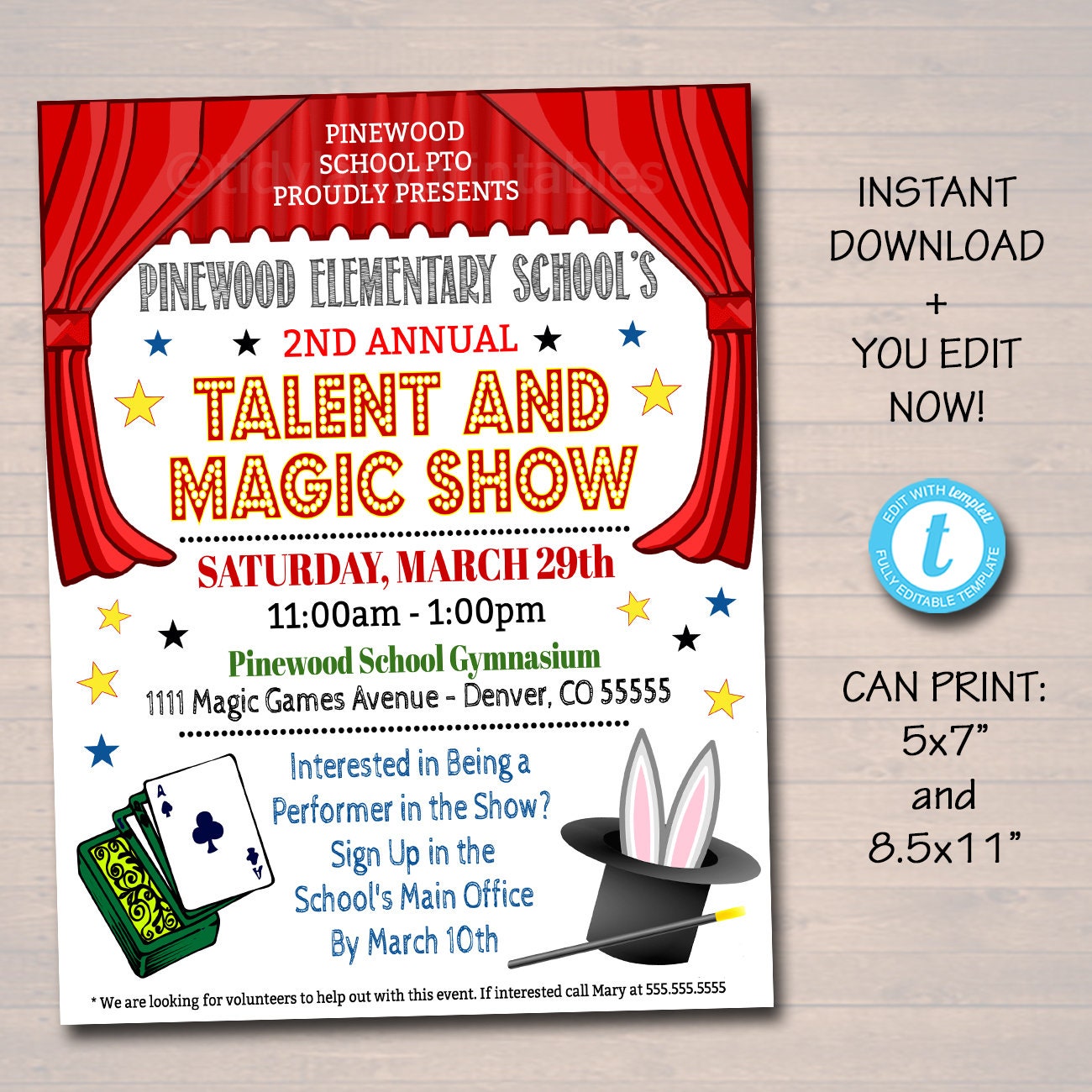 EDITABLE Talent Show Flyer, Printable PTA PTO Flyer, School Church Benefit  Fundraiser Event Poster, Digital Magic Party Printable Invitation Inside Talent Show Flyer Template