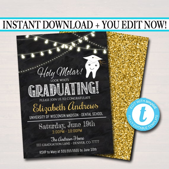 Editable Dental Graduation Invitation, Chalkboard Printable, Dentist College Graduate, Grad Party Invite, Dental Hygienist, INSTANT DOWNLOAD Il_570xn