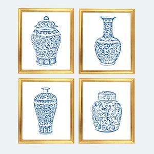 Blue and White Ginger Jar Digital Art Print, INSTANT DOWNLOAD, Blue and White Chinoiserie Vases Set of 4