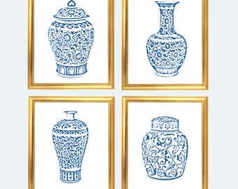 Láminas artísticas de jarrones chinoiserie azul y blanco: Juego de 4 (descarga digital)