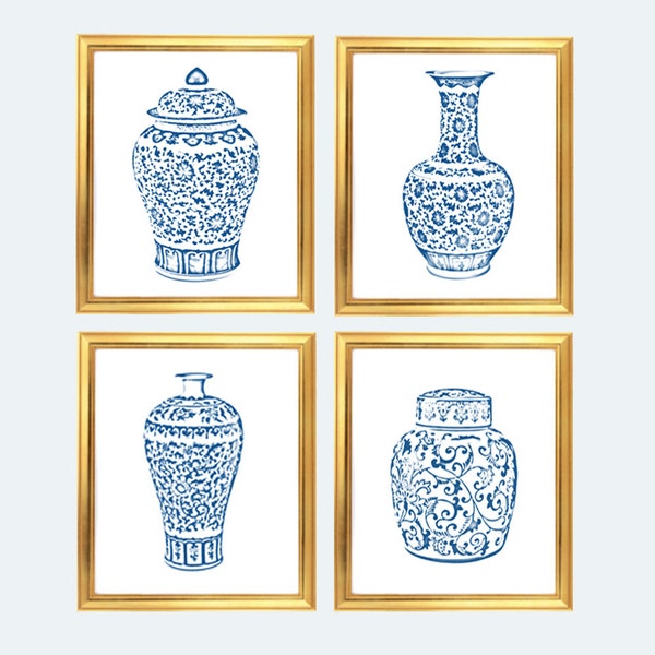 Blue & White Chinoiserie Vase Art Prints: Set of 4 (Digital Download)