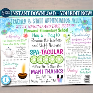 EDITABLE Spa Themed Teacher Appreciation Week Itinerary Poster, Calm Zen Relax Theme, Staff Week Schedule Events Invitation INSTANT DOWNLOAD