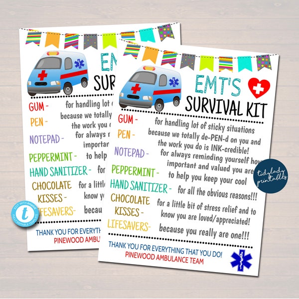 EMT Survival Kit Tags, Ambulance Driver Unique Gift Present, Funny Keepsake Printable, First Responder Medical Enforcement Editable Template