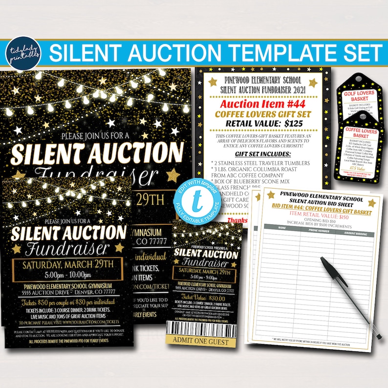 Silent Auction Flyer Ticket Set Fundraiser Event Signs Etsy