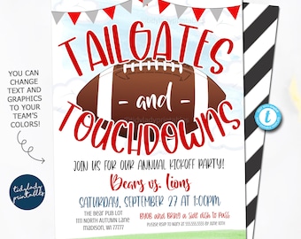 May include: A red, white, and blue football-themed invitation for a tailgate party. The invitation features a football with the text "Tailgates and Touchdowns" in red. The text "Bears vs. Lions" is in blue and the date and time of the party are listed below.