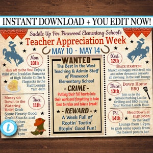 EDITABLE Western Themed Teacher Appreciation Week Itinerary Poster, Wild West Appreciation Week Schedule Events, INSTANT DOWNLOAD Printable image 1