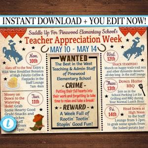 Editable Western Teacher Appreciation Week Itinerary Poster (Printable)