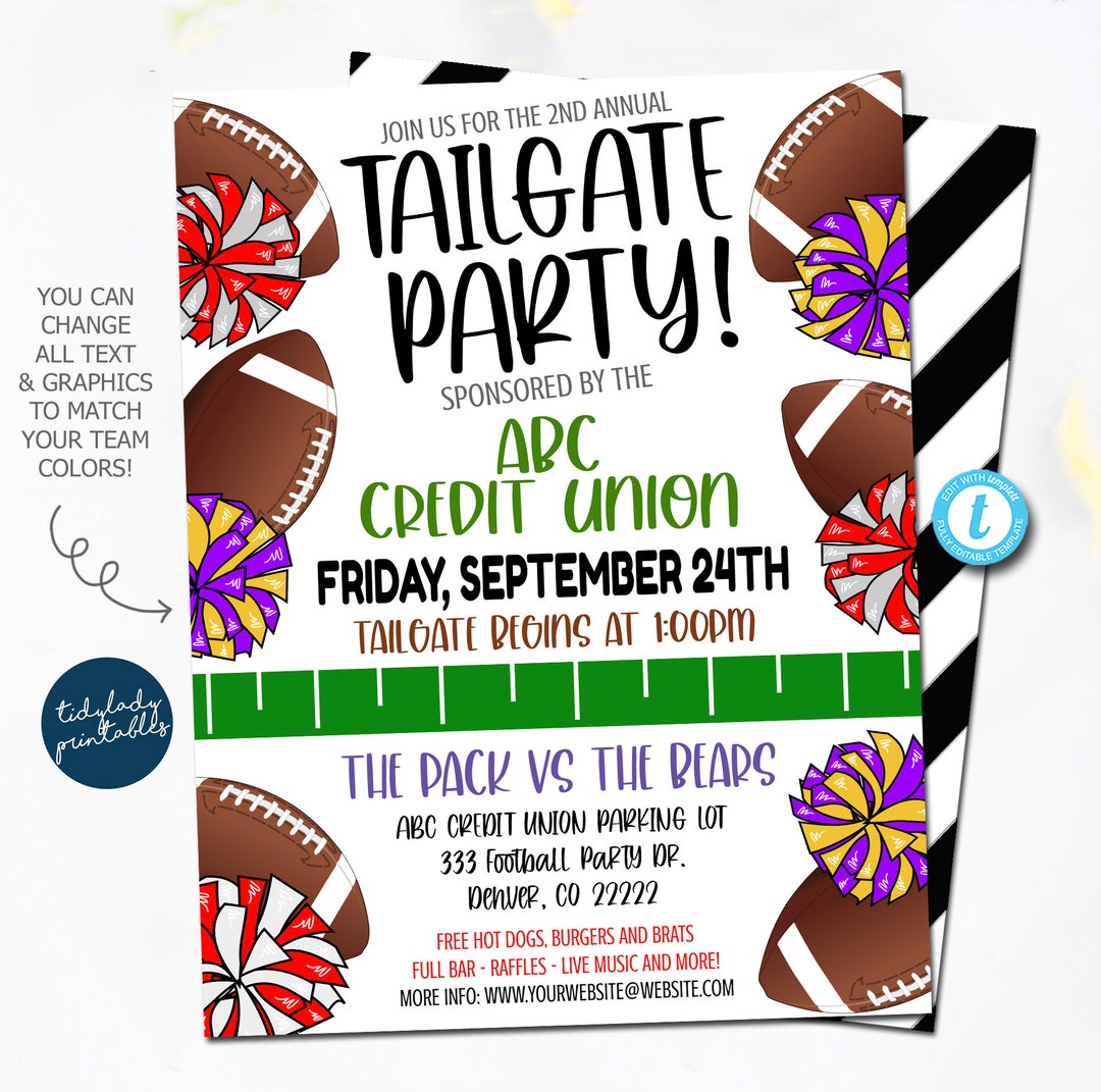 Football Tailgate Party Invitation, Editable Football Party Template