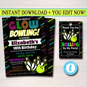 Puede incluir: Invitaci&oacute;n a una fiesta de cumplea&ntilde;os que brilla en la oscuridad con texto rosa, azul y verde ne&oacute;n. La invitaci&oacute;n dice "You're invited to Glow Bowling! To celebrate Elizabeth's 10th Birthday" e incluye la fecha, la hora y la ubicaci&oacute;n de la fiesta. La invitaci&oacute;n tambi&eacute;n incluye una etiqueta de agradecimiento que dice "Thank You For Rolling By My Party! From Your Friend, Elizabeth".