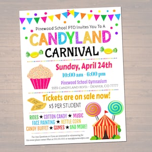 Puede incluir: Un folleto colorido para un Carnaval de Candyland en la escuela Pinewood. El folleto presenta un cupcake, una tienda de campaña y una piruleta. El evento es el domingo 24 de abril de 10:00 a. m. a 6:00 p. m. en el gimnasio de la escuela Pinewood. Las entradas están a la venta ahora por 5 € por estudiante. El carnaval contará con atracciones, algodón de azúcar, música, pintura facial, maíz dulce, un buffet de dulces, juegos y mucho más.