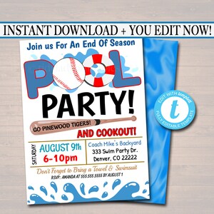 Baseball Pool Party Invitation: Editable Team BBQ, End of Season (Digital)